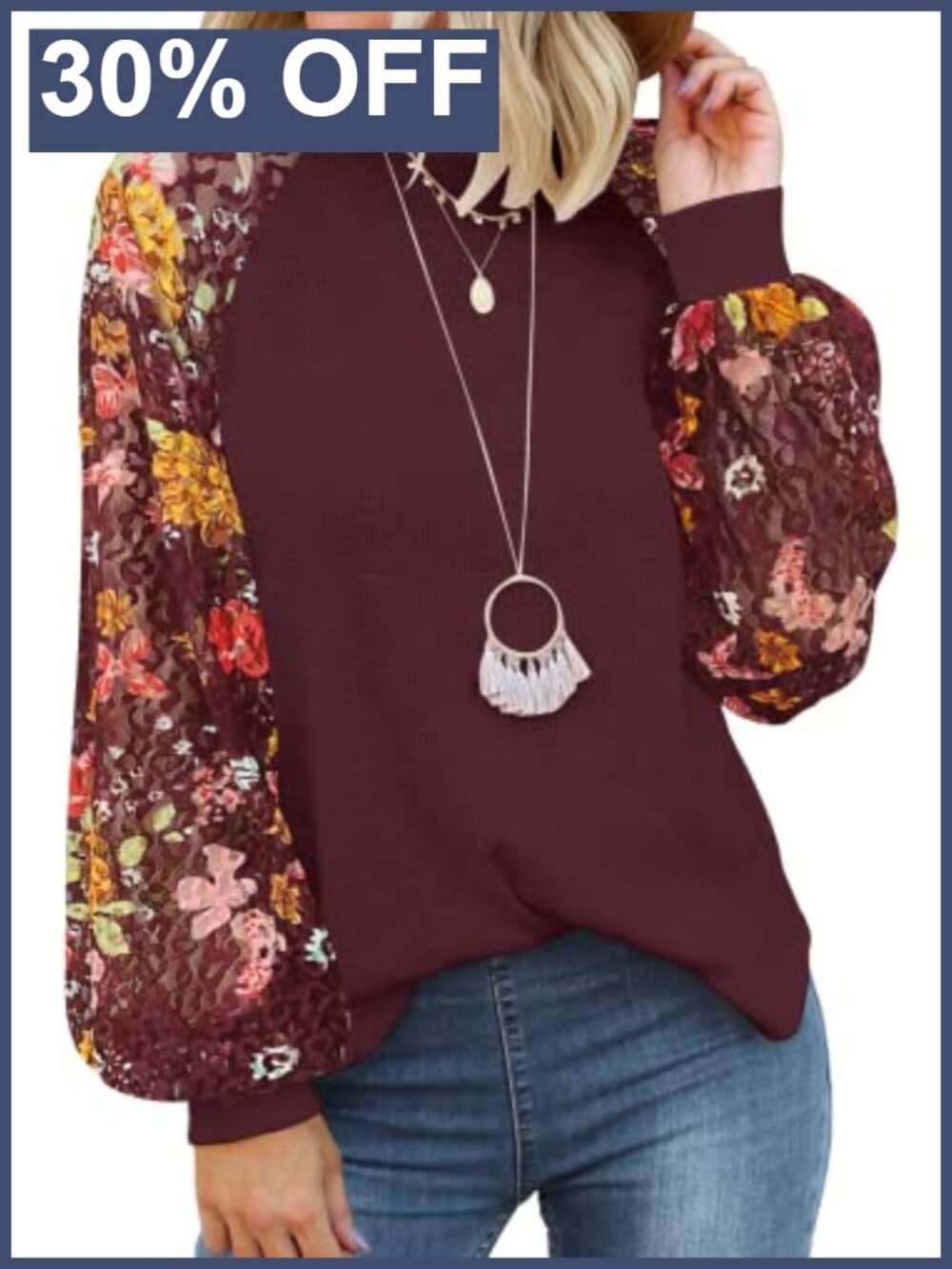 Lace Long Sleeve Waffle Knit Blouse Loose Fit Casual Dressy Top